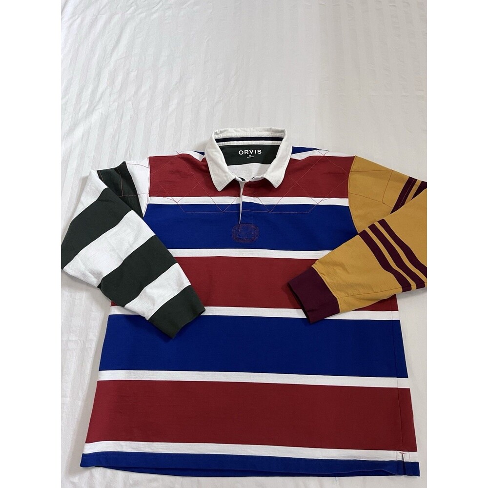 Orvis Men XL Long Sleeve Patchwork Rugby Shirt Striped Cotton Colorblock Polo